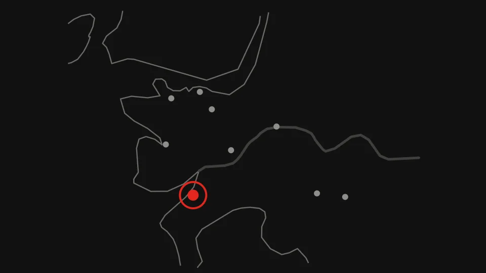 Map: Cascades Casino Delta as a scarlet dot in Delta on the Metro Vancouver shoreline, the other eight casinos as grey dots