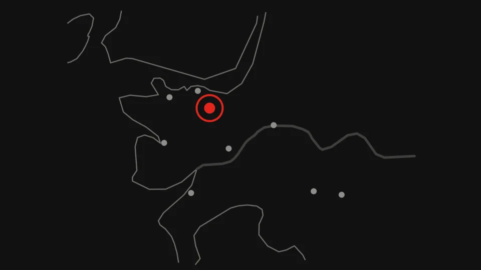 Map: Grand Villa Casino Burnaby as a scarlet dot in Burnaby on the Metro Vancouver shoreline, the other eight casinos as grey dots