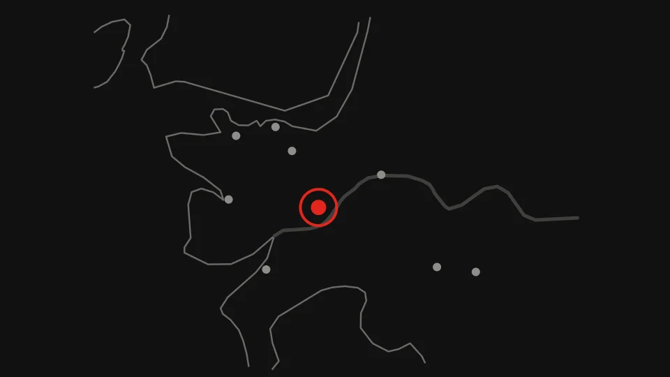 Map: Starlight Casino New Westminster as a scarlet dot in New Westminster on the Metro Vancouver shoreline, the other eight casinos as grey dots